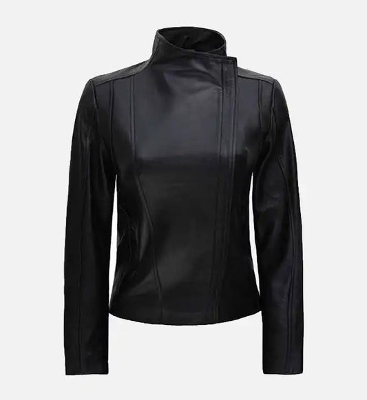 womens black flap closure cafe racer leather jacket
