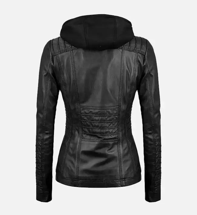 Women’s Black Leather Jacket With Removable Hood