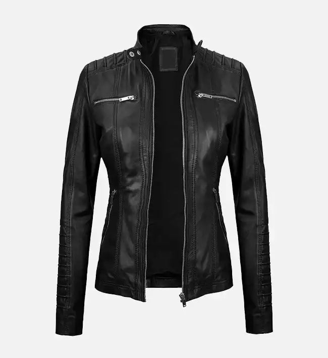 Women’s Black Leather Jacket With Removable Hood