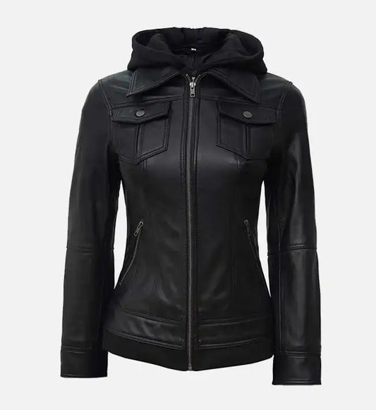 womens black leather jacket with hood
