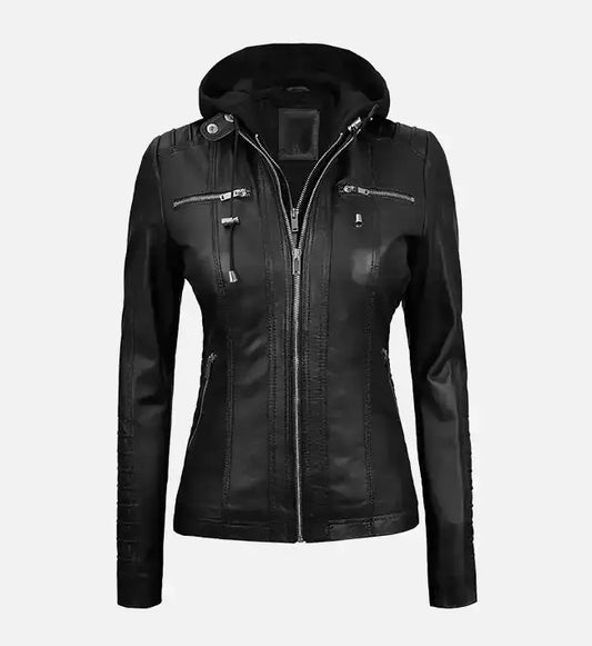 womens black leather jacket with removable hood
