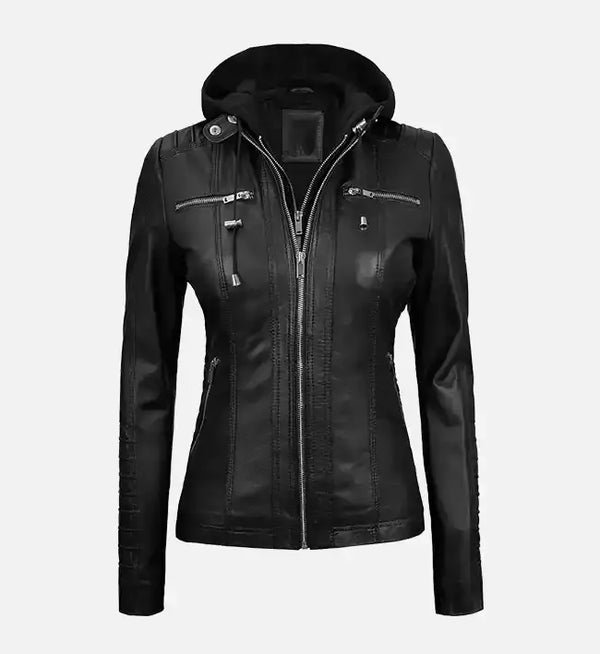 Black leather jacket with hoodie women's shop
