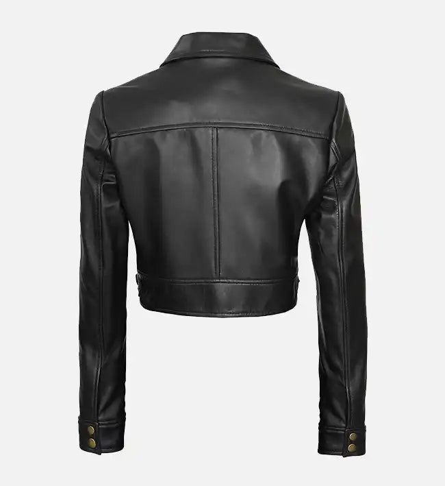 Women’s Black Cropped Leather Trucker Jacket