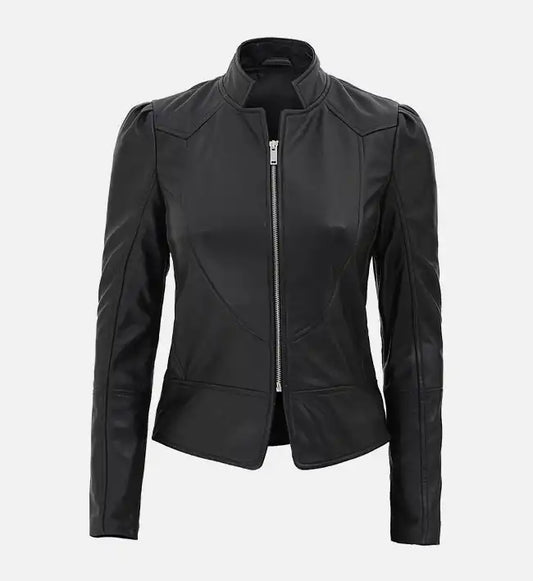 womens black slim fit leather jacket
