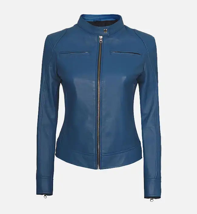 Women’s Blue Cafe Racer Leather Jacket