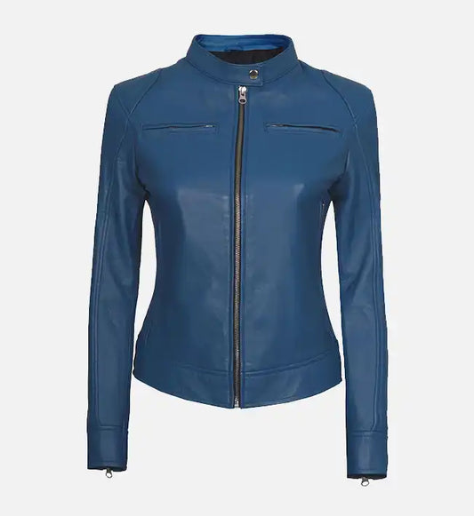 womens blue cafe racer leather jacket
