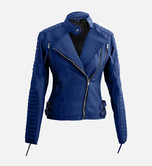 womens blue leather biker jacket
