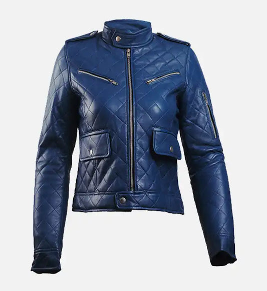 womens blue leather puffer jacket
