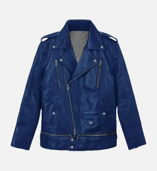 womens blue runway biker leather jacket
