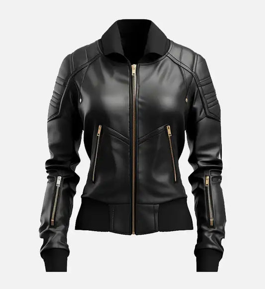 Womens Black Leather Bomber Jacket AU LeatherX
