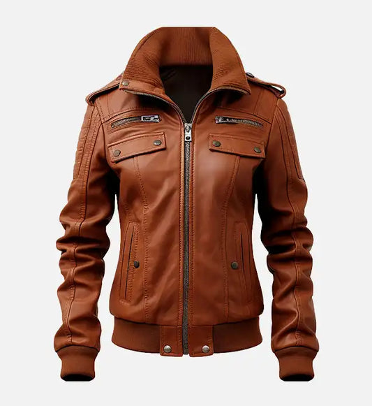 womens bomber brown jacket with strap pocket
