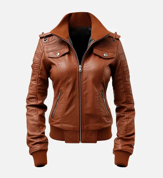 womens brown leather bomber jacket