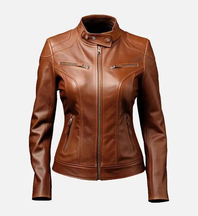 Women's Cafe Racer Brown Leather Jacket - AU LeatherX