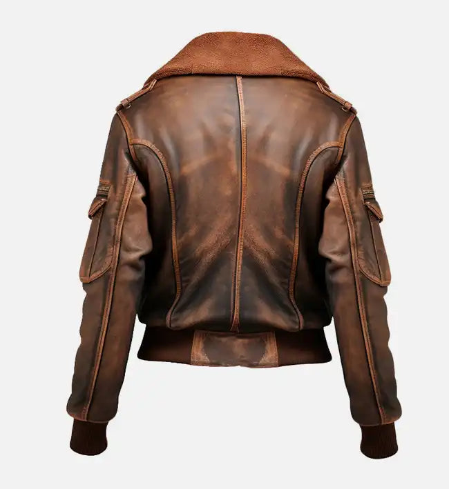 Women's Distressed Brown Bomber Leather Jacket