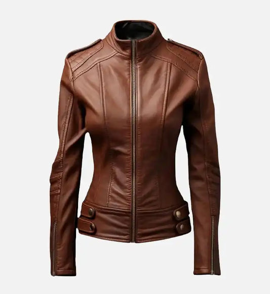 womens brown leather bike style jacket
