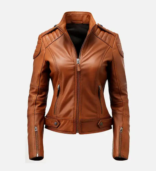 womens leather brown biker jacket
