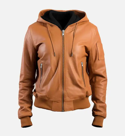 womens brown leather jacket with hood
