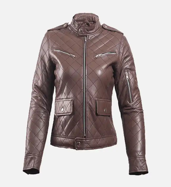 Women's Brown Leather Puffer Jacket