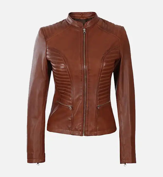 womens cafe racer cognac leather jacket