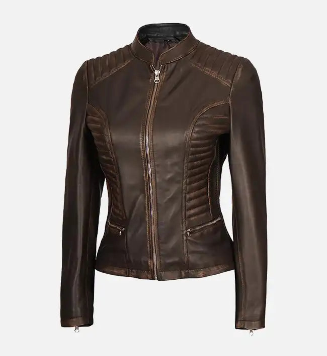 Women's Dark Brown Cafe Racer Biker Jacket