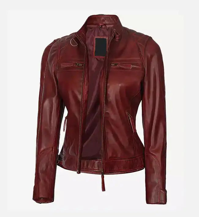 Women's Maroon Quilted Cafe Racer Leather Jacket