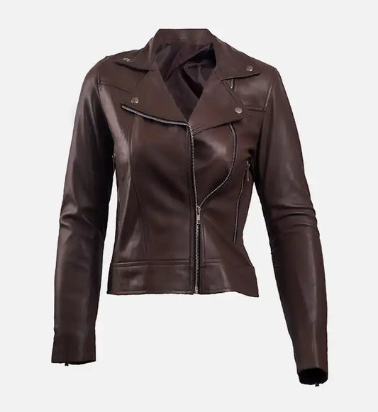 womens leather dark brown biker jacket