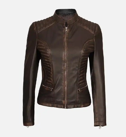 womens dark brown rub off cafe racer leather jacket
