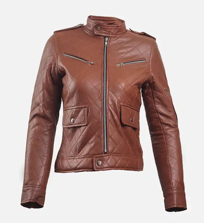 Women’s Diamonds Quilted Brown Leather Puffer Jacket