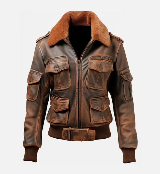 womens distressed brown bomber leather jacket
