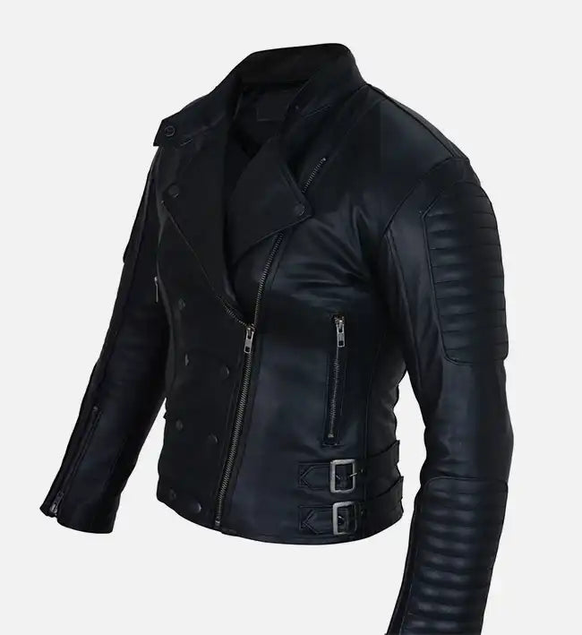 Women's Double Breasted Black Leather Jacket