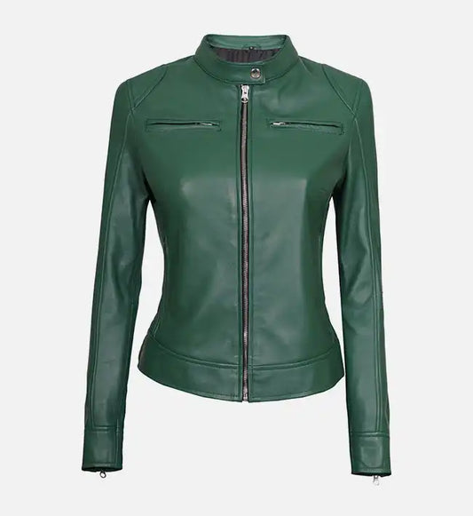 womens dodge green cafe racer leather jacket