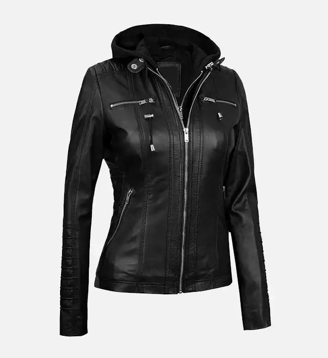 Women’s Black Leather Jacket With Removable Hood