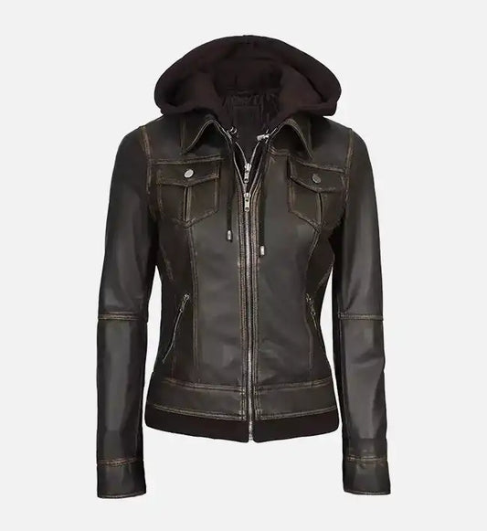 womens dark brown leather jacket with hood
