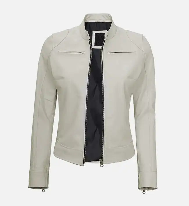 Women's White Leather Cafe Racer Jacket