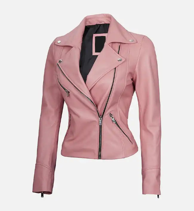 Women's Moto Style Pink Leather Jacket