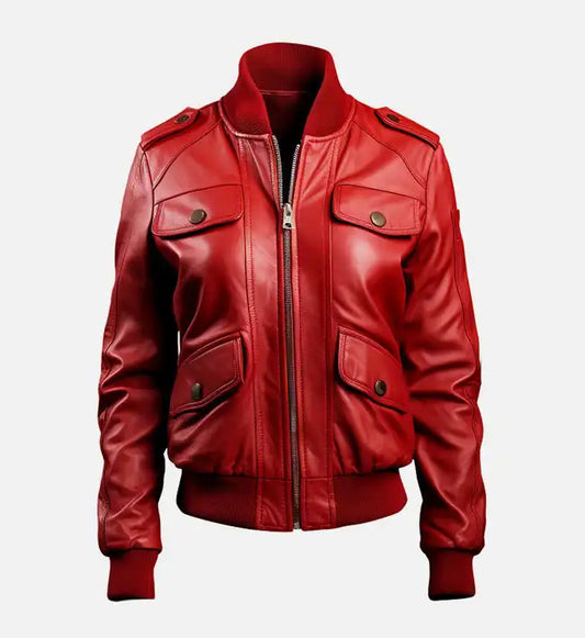 womens leather red bomber jacket with strap pockets