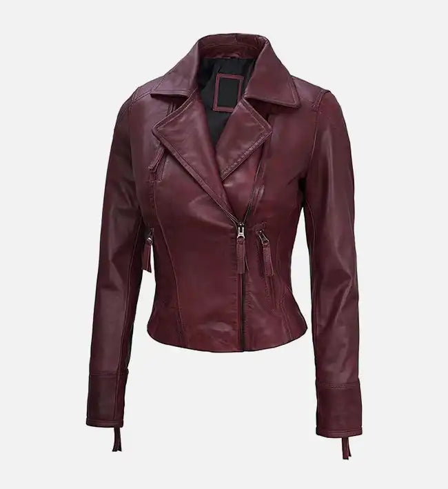 Women's Maroon Asymmetrical Biker Leather Jacket