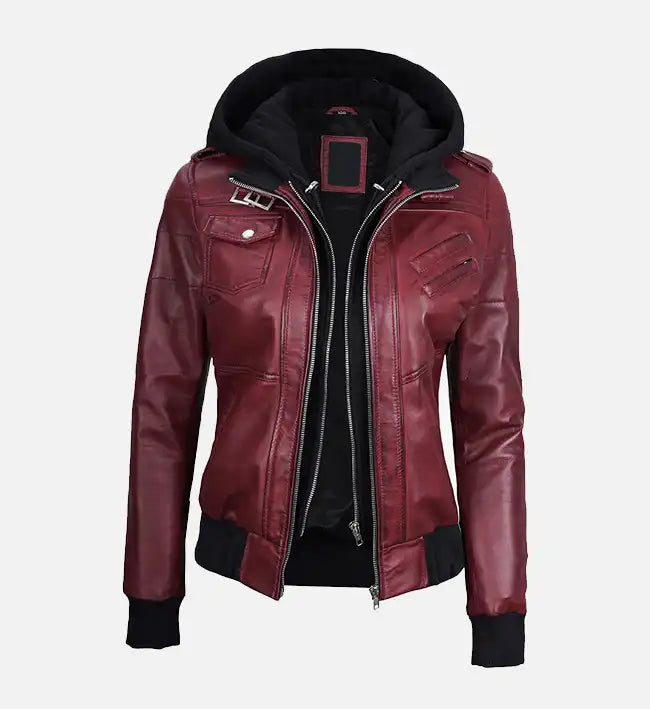 Women's Maroon Hooded Bomber Leather Jacket