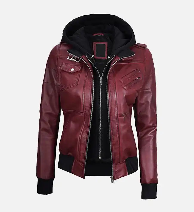 Women's Maroon Hooded Bomber Leather Jacket