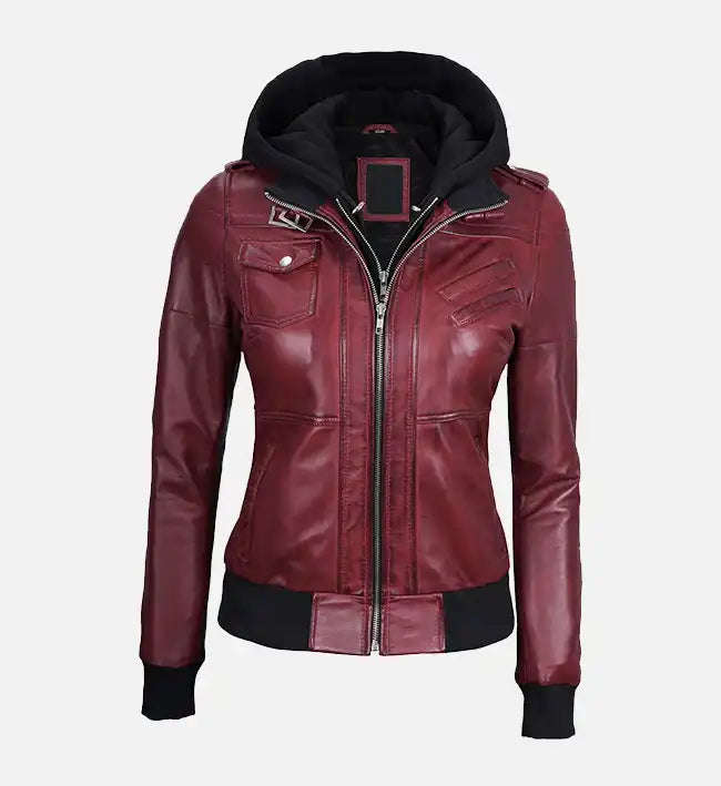 Women's Maroon Hooded Bomber Leather Jacket