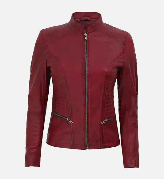 maroon leather mandarin collar biker jacket for women
