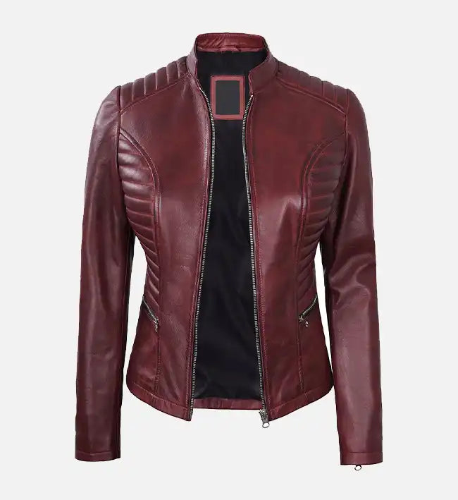 Women's Maroon Leather Cafe Racer Jacket