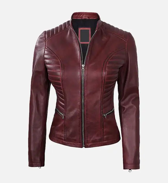 Women's Maroon Leather Cafe Racer Jacket