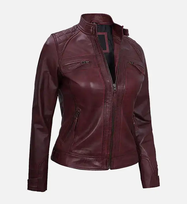 Maroon Women's Real Leather Motorcycle Jacket