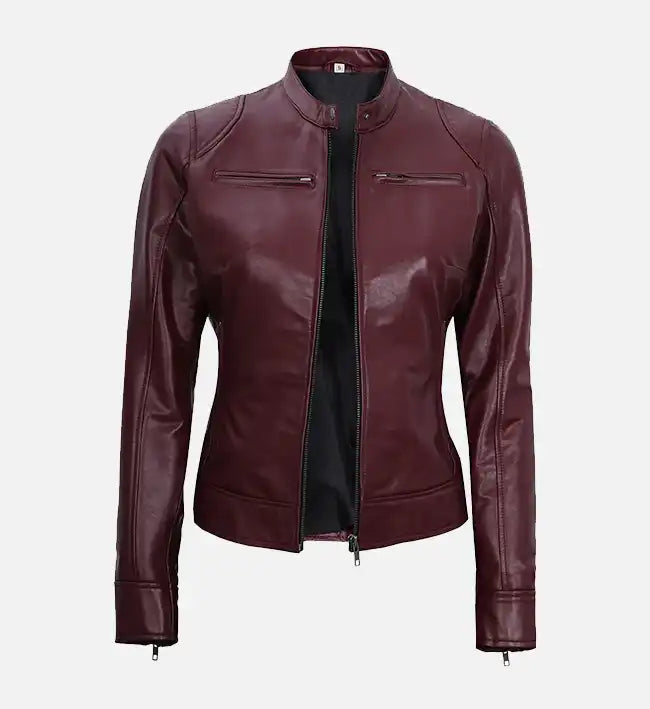 Women's Maroon Leather Moto Jacket