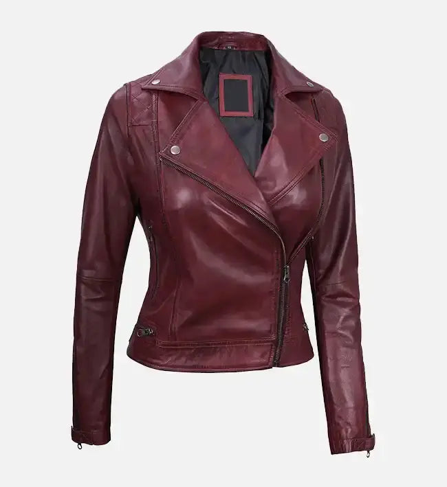 Women's Quilted Motorcycle Maroon Leather Jacket