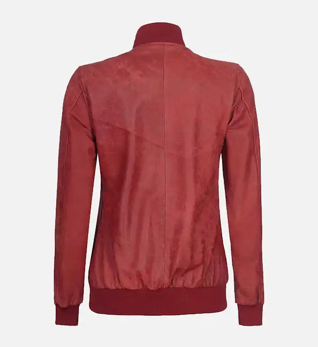 Women's Rib Knit Style Leather Maroon Bomber Jacket