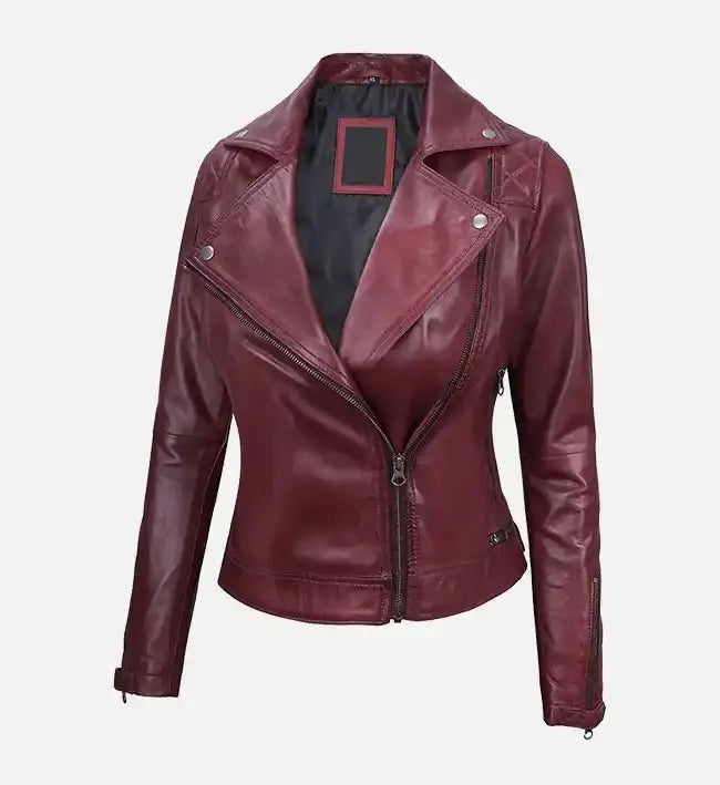 Women's Quilted Motorcycle Maroon Leather Jacket