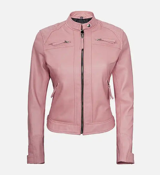 womens pink diamond cafe racer leather jacket