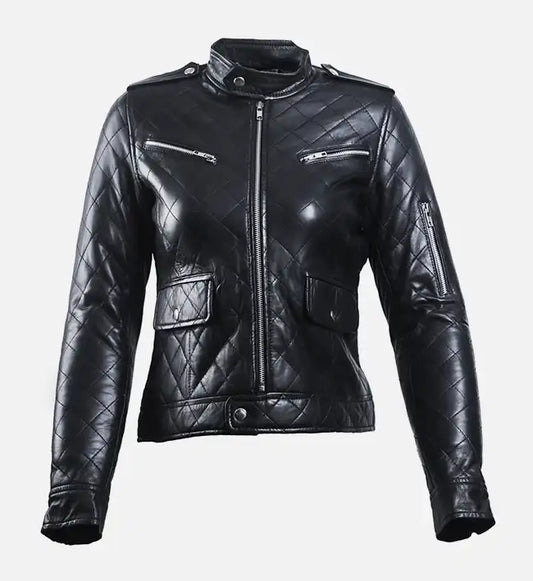 womens puffer black leather jacket
